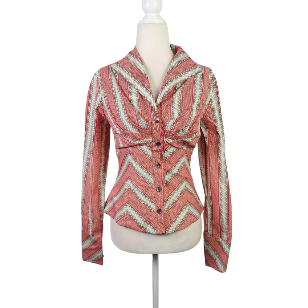 Finley red and cream stripe fitted button down blouse top XS